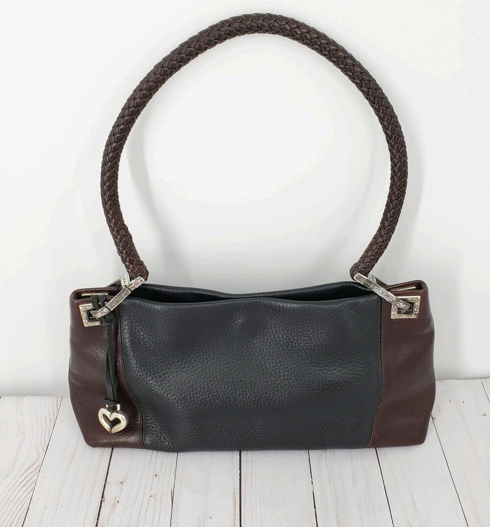 BRIGHTON Brown & Black Leather Magnet Closure Rolled Braid Shoulder Handbag